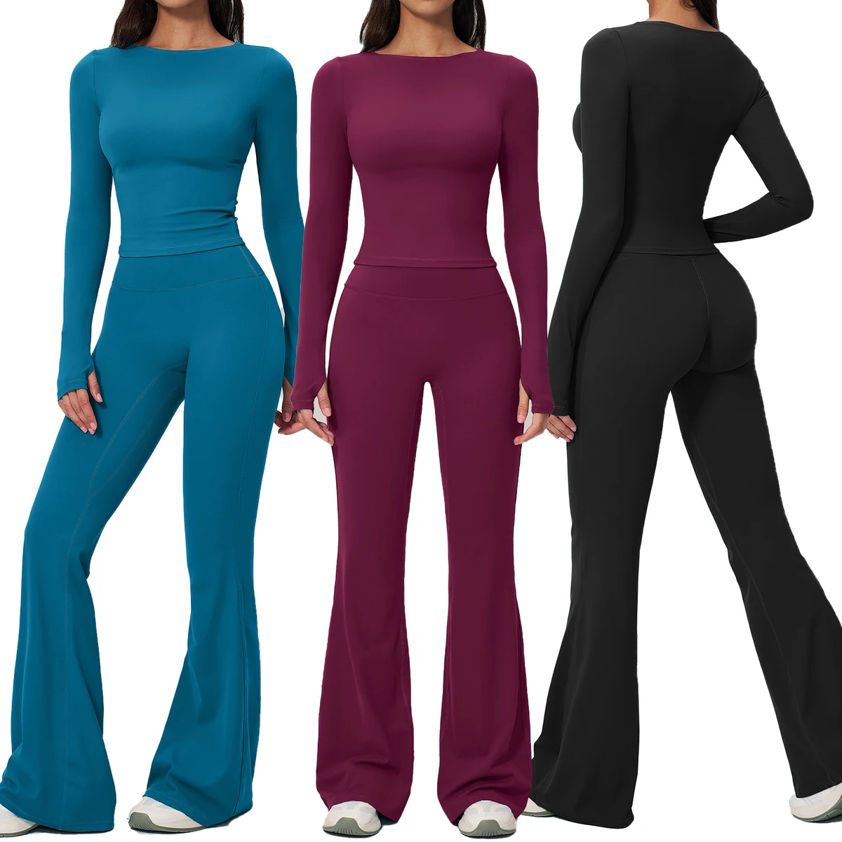 New Custom Logo Yoga Set 2 Piece Women High Waist Fitness Leggings Wide Leg Pants Long Sleeve T Shirt Workout Clothing