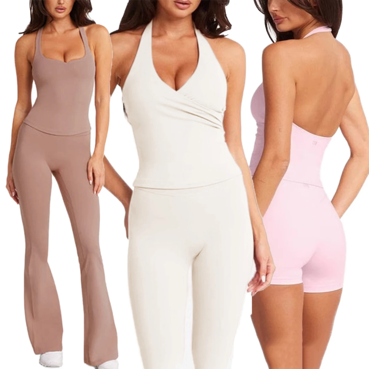 Women's Lightweight Gym Yoga Sports Set 5 Piece Hot Sale New Color Naked Feeling Workout Suits Front Waist Logo Solid