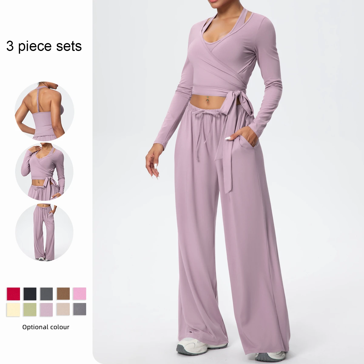 Women Yoga 3 Piece Set Halter Crop Top Wide Leg Pants Long Sleeve Top Activewear Workout Outfits Lounge Sports Gym Clothing
