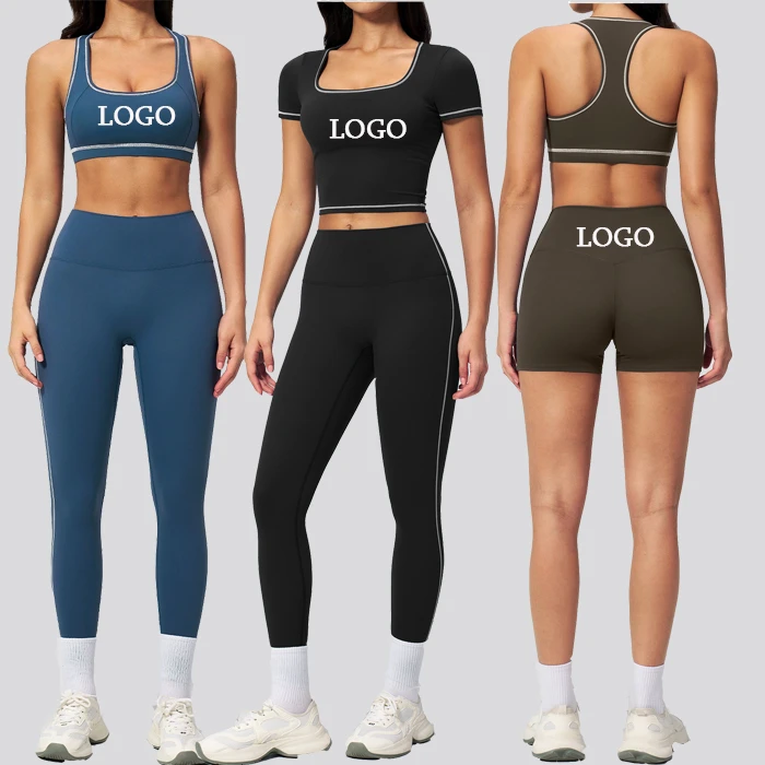 2026 Contrast Stitching 4 Way Stretch Gym Clothing Suit 4 Pcs Women Workout Set Stretchy Contrast Yoga Set