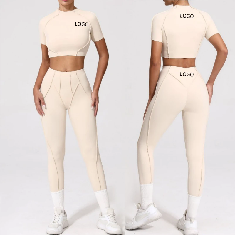 Aoyema New Custom Quick-Drying Tight Short-Sleeved Running Naked Yoga HIgh Waist Leggings Gym Fitness 2piece Set for Sports Wear