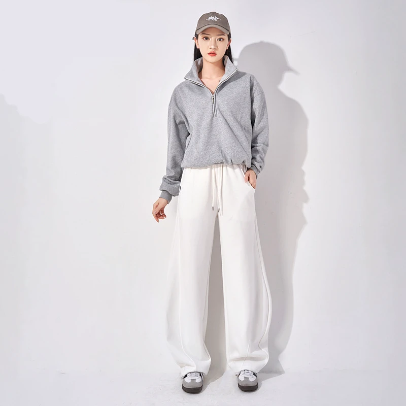 Women's Casual Wide-Leg Pants with Mid-Waist Flat Front Solid Pattern Versatile Banana Style Spring Drawstring Slimming Loose