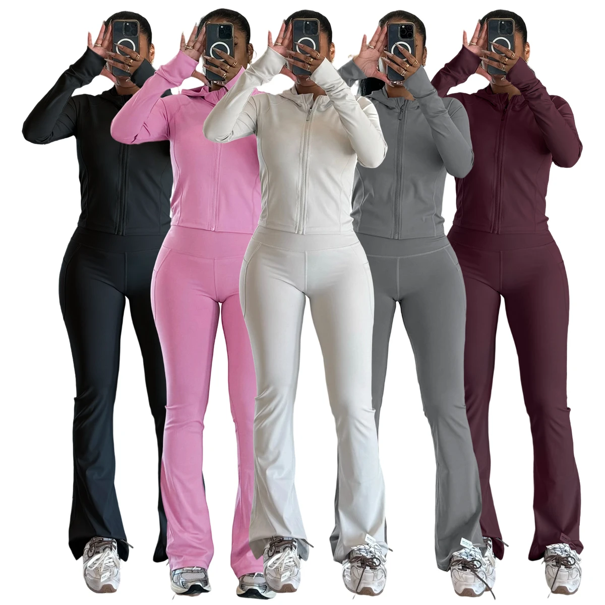 New Fall Yoga Sport Stretch Two Pieces Activewear Set With Hooded Cardigan Crop Top Sweatshirt and High Waist Flare Leg Pants