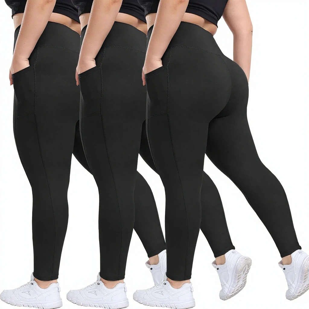HLTPRO 3 Pack Plus Size Solid Leggings Pockets for Women-Black High Waisted Tummy Control Soft Yoga Pants Summer 4-Way Stretch