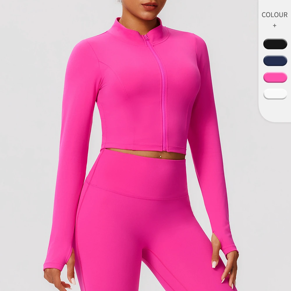 Womens Solid Tight Crop Blouse Outdoor Running Sports Yoga Stand Collar Jacket Slim Fitness Long Sleeve Quick Dry Nylon Coat