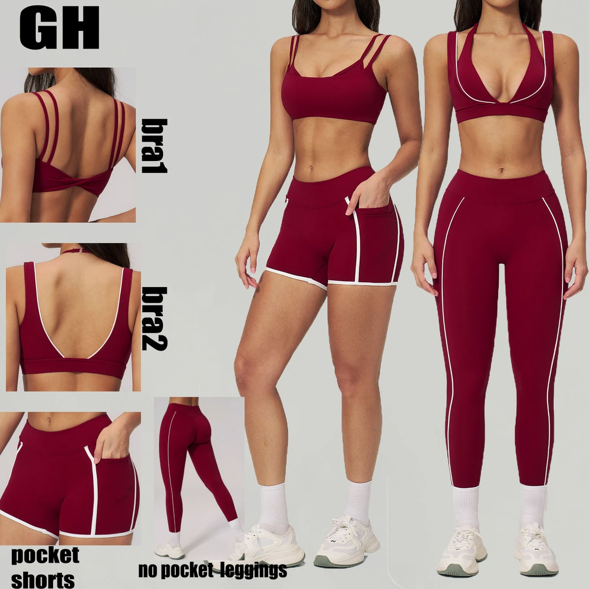 GH Custom Women's 4-Way Stretch Workout Outfits Yoga Wear Sets 5 Pieces Activewear Sports Bra Shorts Leggings Gym Fitness Sets