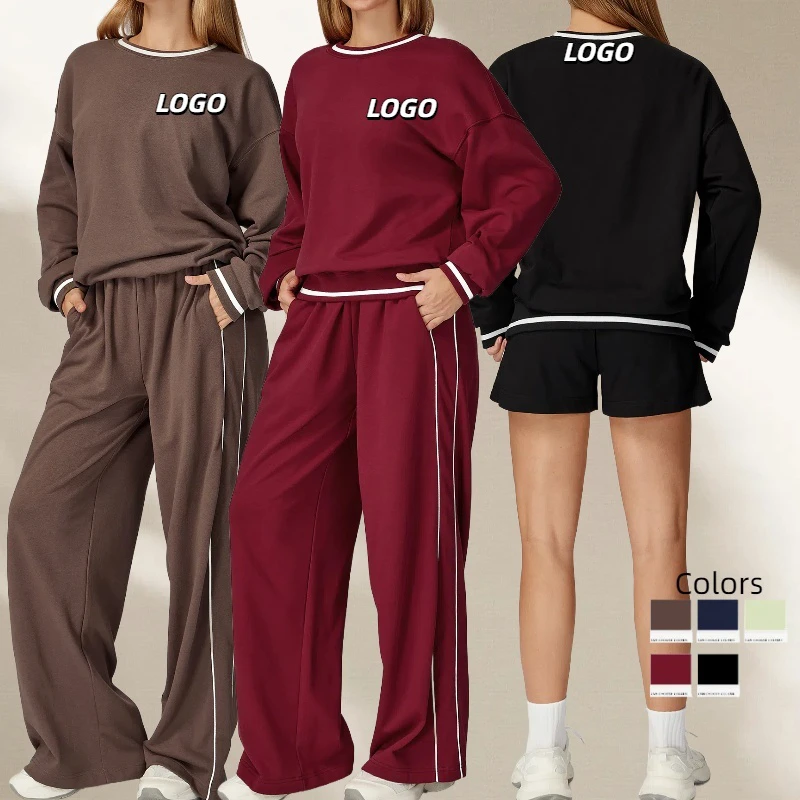 Yimo Women Blocking Round Neck Hoodie High Waist Shorts Yoga Set Lady Long Sleeves Top Straight Leg Wide Leg Pants Fitness Suit