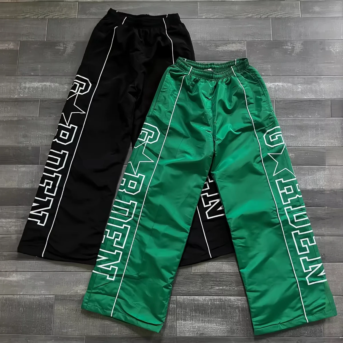 Men's Casual Nylon Track Pants XL Size Mid Embroidered Side Stripes Lightweight Baggy Wide Leg Jogger Quick Dry Printing