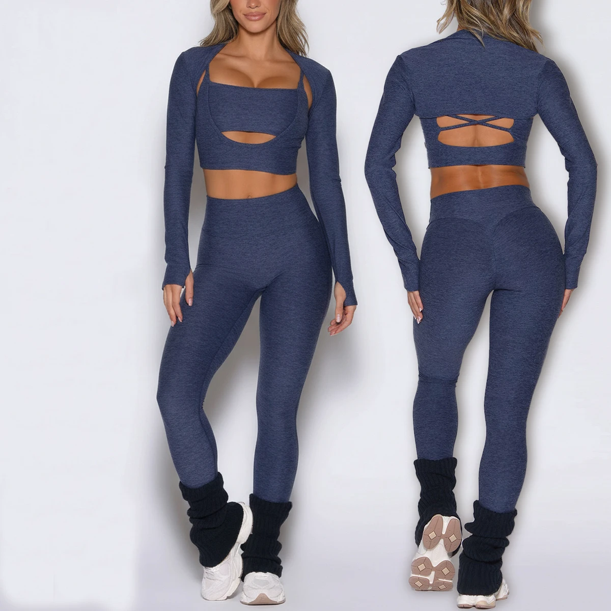 New False Two Piece Cross Tank Top Thumbhole Shawl Long Sleeve Women's High Waist Hip Tight Pants Fitness Yoga 3 Piece Set