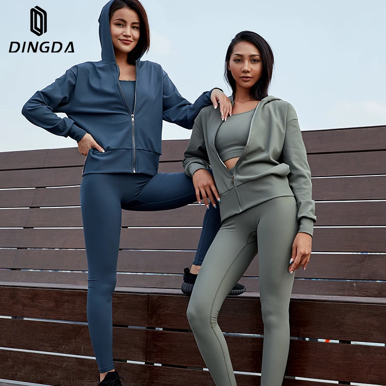 Solid Color Ribbed Fitness Yoga 3 Piece Set Yoga Bra Leggings and Jacket Set for Women