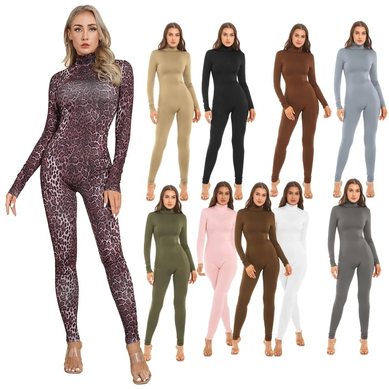 Womens Long Sleeve Gym Yoga Wear Solid Color Stretchy Long Jumpsuit Bodysuit Fitness Workout Jogging Workout Clothing Sport Tops