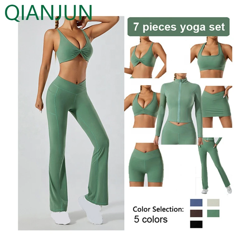 2025 New Women Hollow Bra Sport Wear Gym Fitness Workout Yoga Crop Top V Cut Flared Wide Leg Pants 7 Piece Yoga Sets