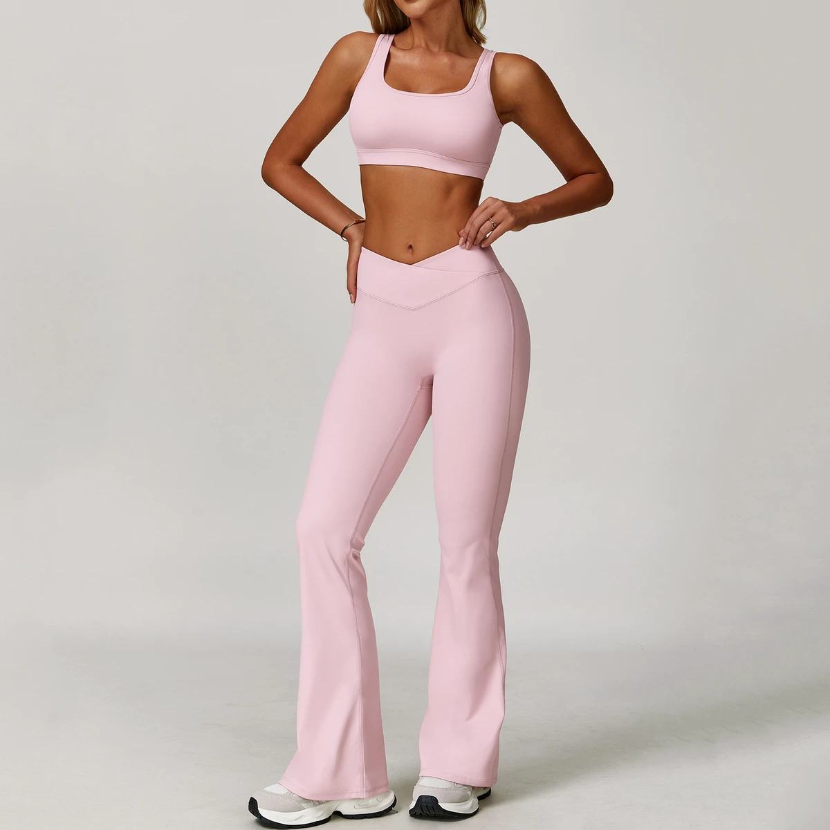 Women's High Waist V Cut Square Neck Yoga Set 4-Way Stretchable Solid Dance Flare Pants And Bra