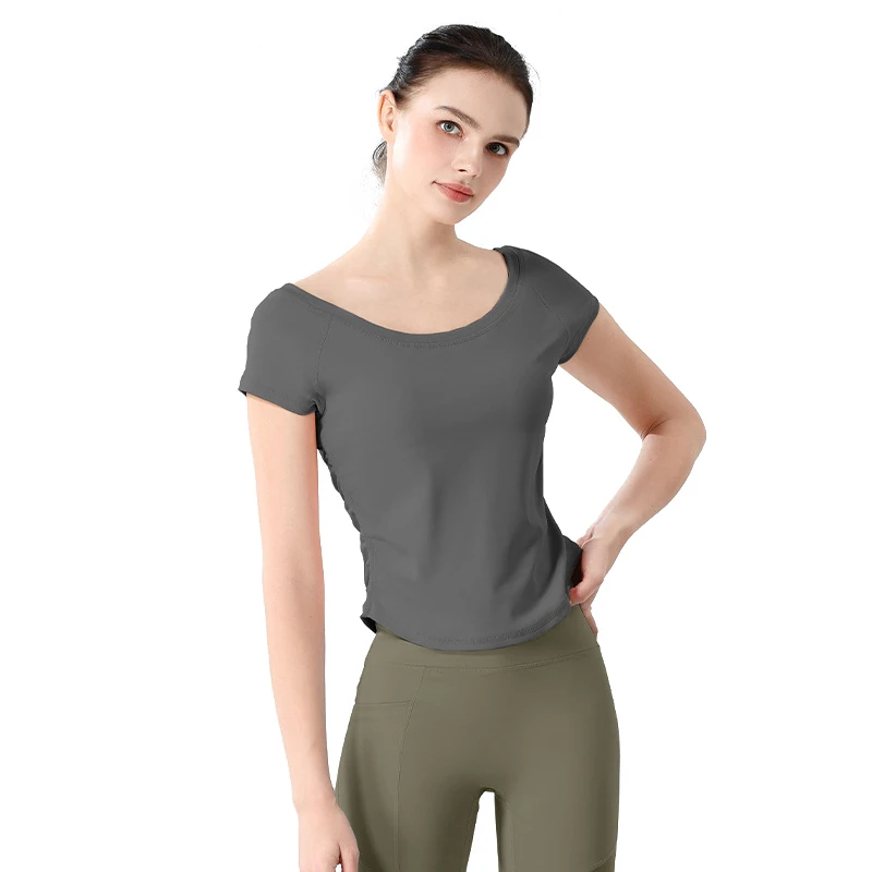 Solid Color Slim-fit Short-sleeved Spandex/Polyester Women's Adult Summer Breathable Sweat-absorbent Quick-drying Yoga Top