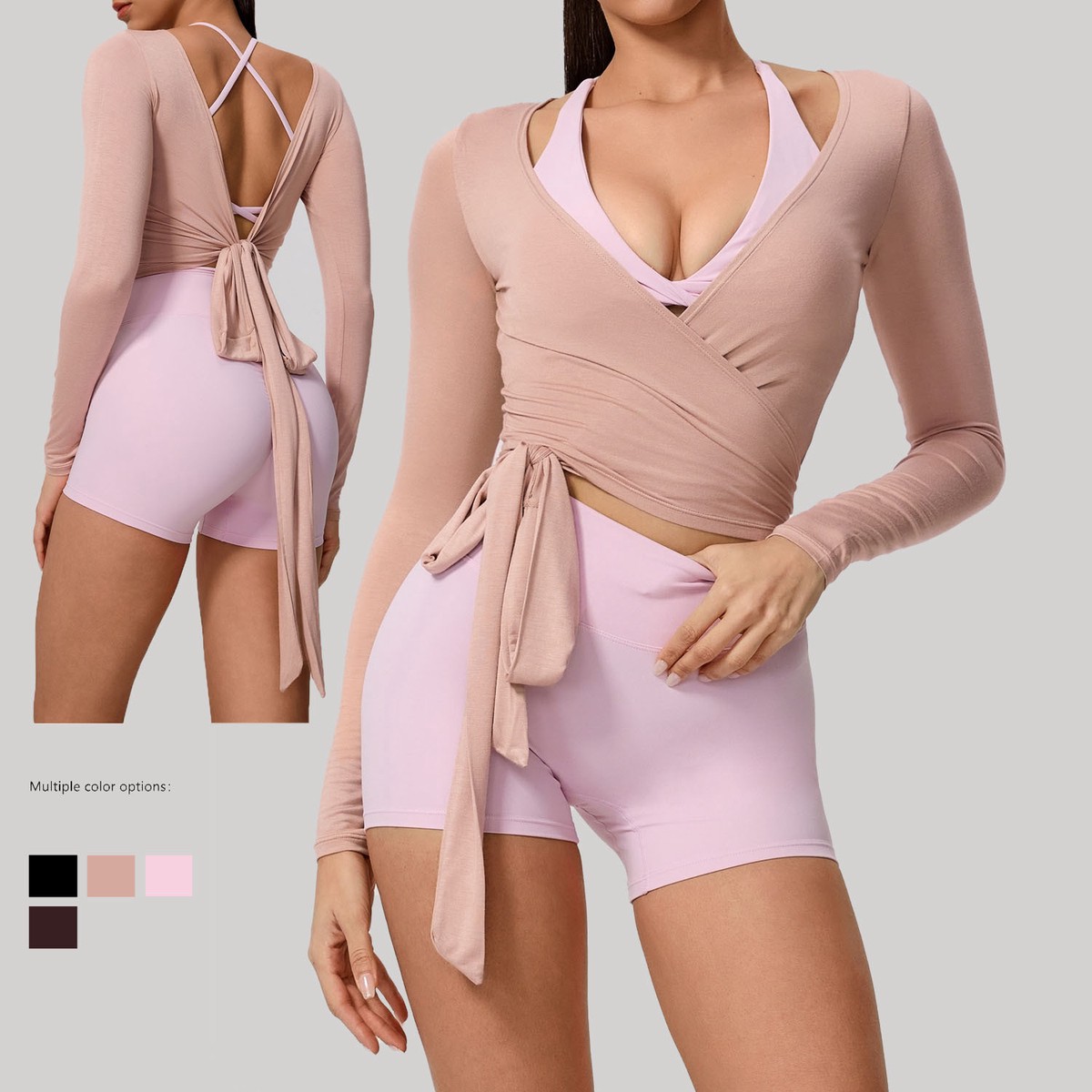 High-Quality One-Piece Slim-Fitting Long-Sleeved Yoga Tops Self Tie Women's Blouses & Shirts Open Front Yoga Wrap Tops for Women