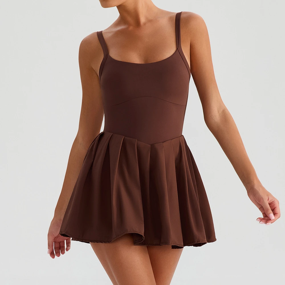 Women's Sleeveless Pleated Tennis Dress Quick Dry Breathable Athletic Sports Dress for Training Running Gym Workout Front Logo