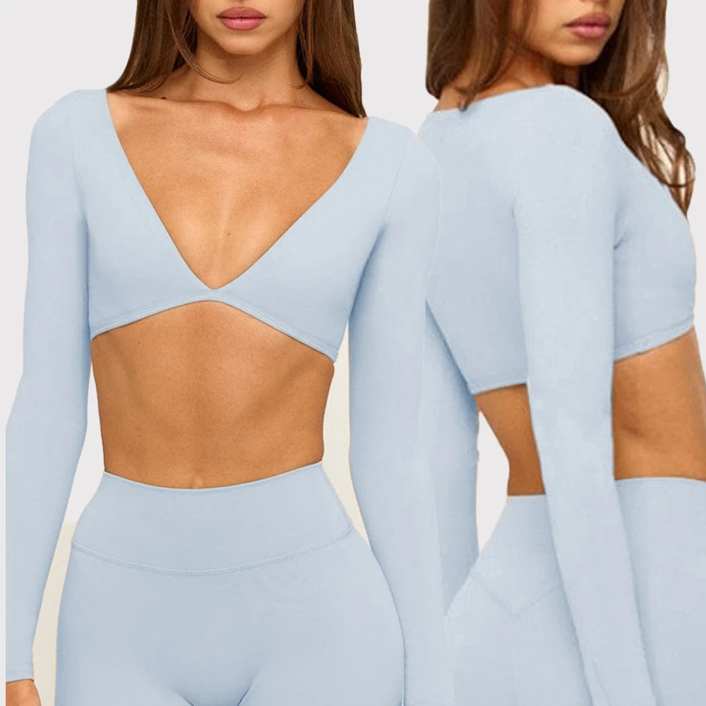 2026 New Arrival Long Sleeve V Shape Custom Wholesale Quick Dry Solid Workout Fitness Sports Yoga Gym Top for Woman