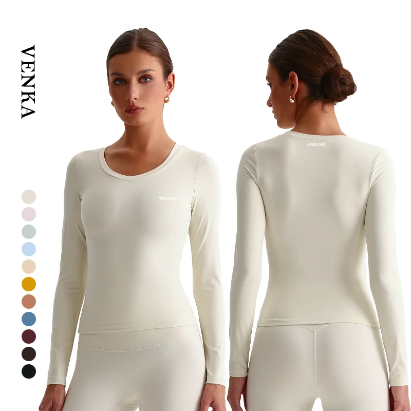 Customization LOGO Women Athletic Wear V-Shaped Neckline Slim Fit Sportswear Gym Fitness Women's Yoga Long Sleeve T Shirt