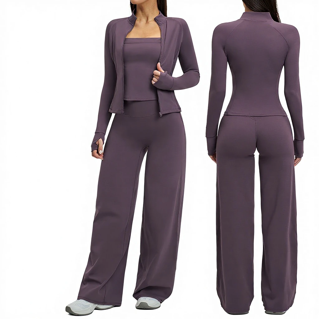 Spring New Breathable Lightweight Quick-Drying Sports Suit Zipper Women's Outdoor Running Cycling Three-Piece High-Waisted Set