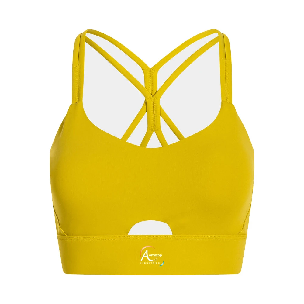 Women's High Support Lightweight Breathable Yoga Sports Bra Yellow Spandex/Polyester Adjustable Straps U-NECK