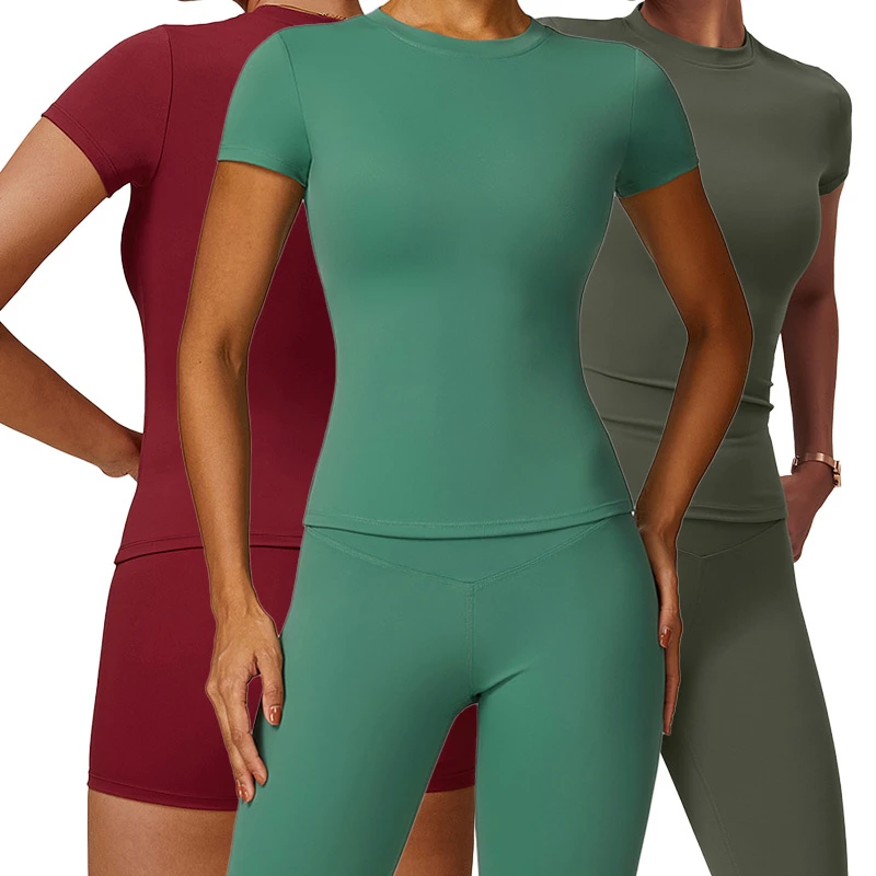 CDX8455 Women Crew Neck Super Stretchy Sports T-shirt Slim Fit Quick Dry Yoga Tops Gym Fitness Workout Activewear