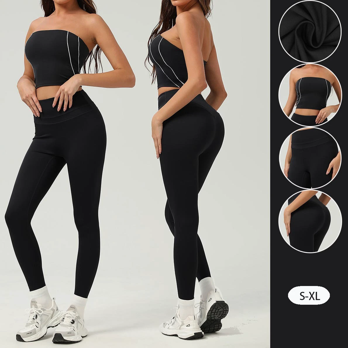 YIYI 2PC Color Block Strapless Tube Top Yoga Set Women Gym Set with Paddings High Waist Booty Lifting Sports Outfit for Women