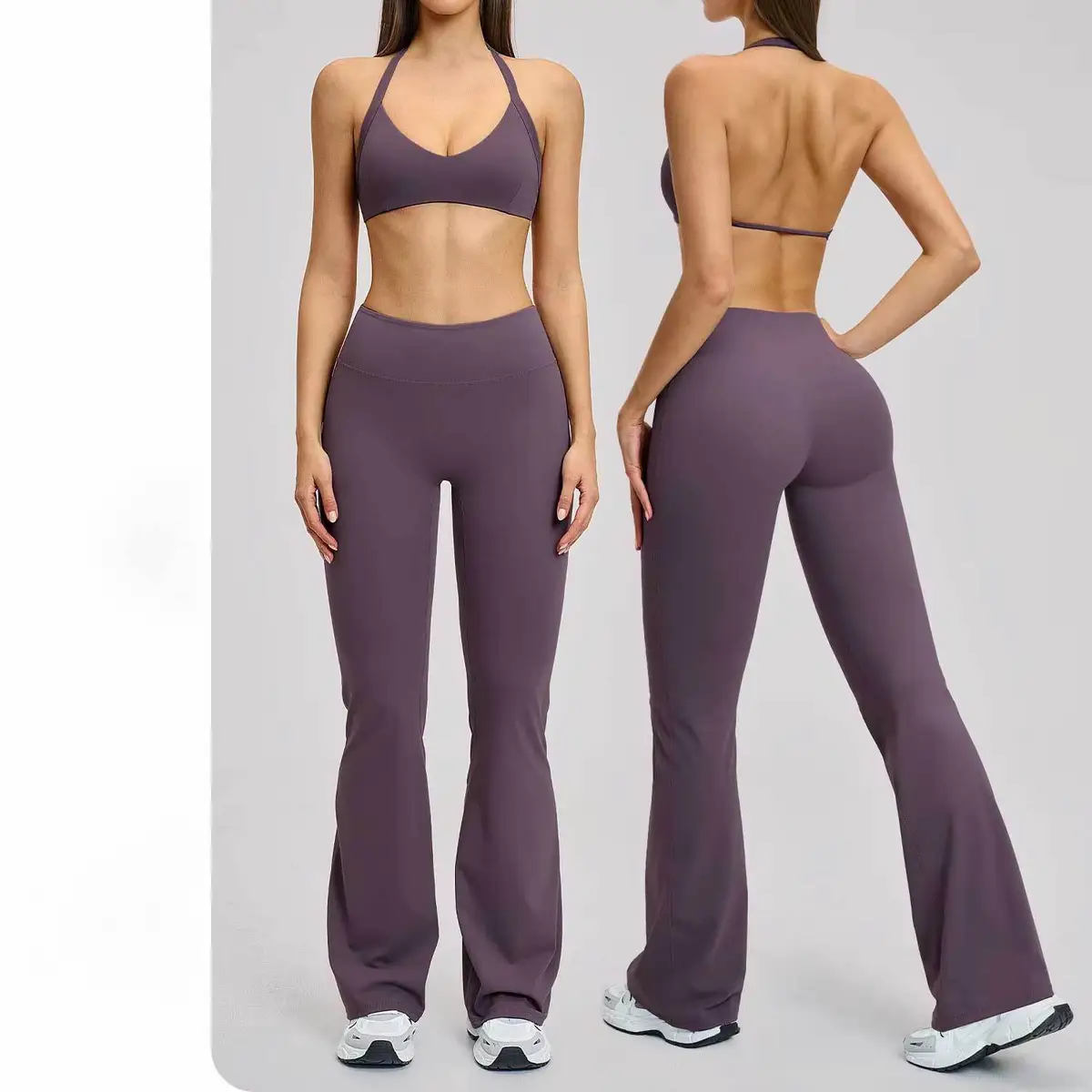 Cross-border Brushed Solid Sports Yoga Suit Deep v Neck Halter Strap Spandex Nylon Breathable Hollow Beautiful Back 2-piece Set