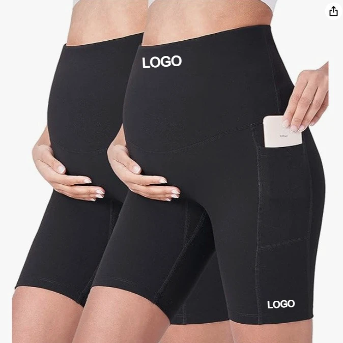 Custom LOGO Wholesale Maternity Biker Shorts High Waist Support Pregnancy Yoga Shorts With Pockets