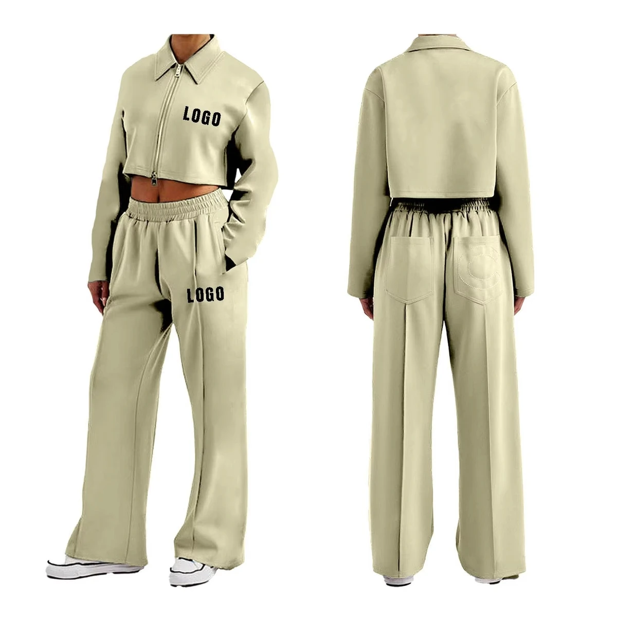 Best Selling Women's Training Crop Tracksuit 2-Piece Turn Down Collar Shirt Straight Pant Winter Running Wear Fashionable OEM