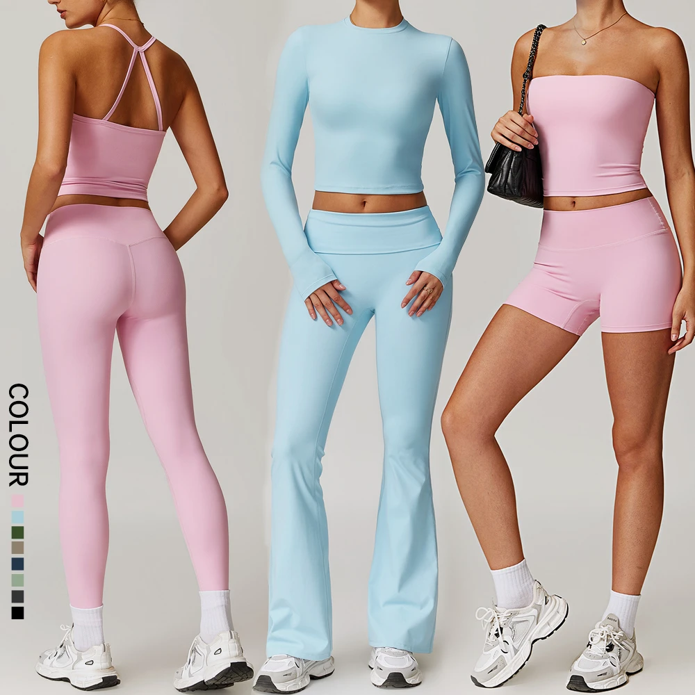SHINBENE Women 6Piece Sexy Tube Sports Bra Foldover Flare Leggings Matching Set Yoga Outfits Workout Sets for Women