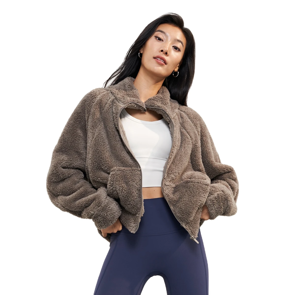 Plush Warm Woolen Woven Yoga Jacket Women's Autumn Winter Windproof Fur Sheep Stand Collar Zip Top Loose Sports Long Sleeve