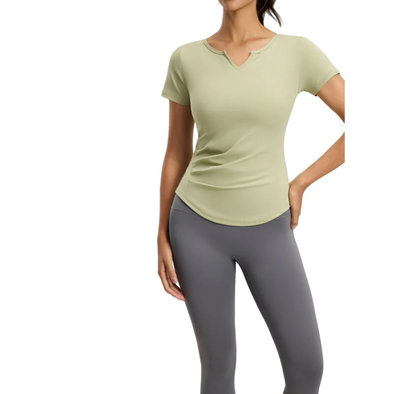 Women's V-Neck Yoga Short Sleeve Top Naked Feeling Quick Dry Fitness Ruched Sports Shirt for Running