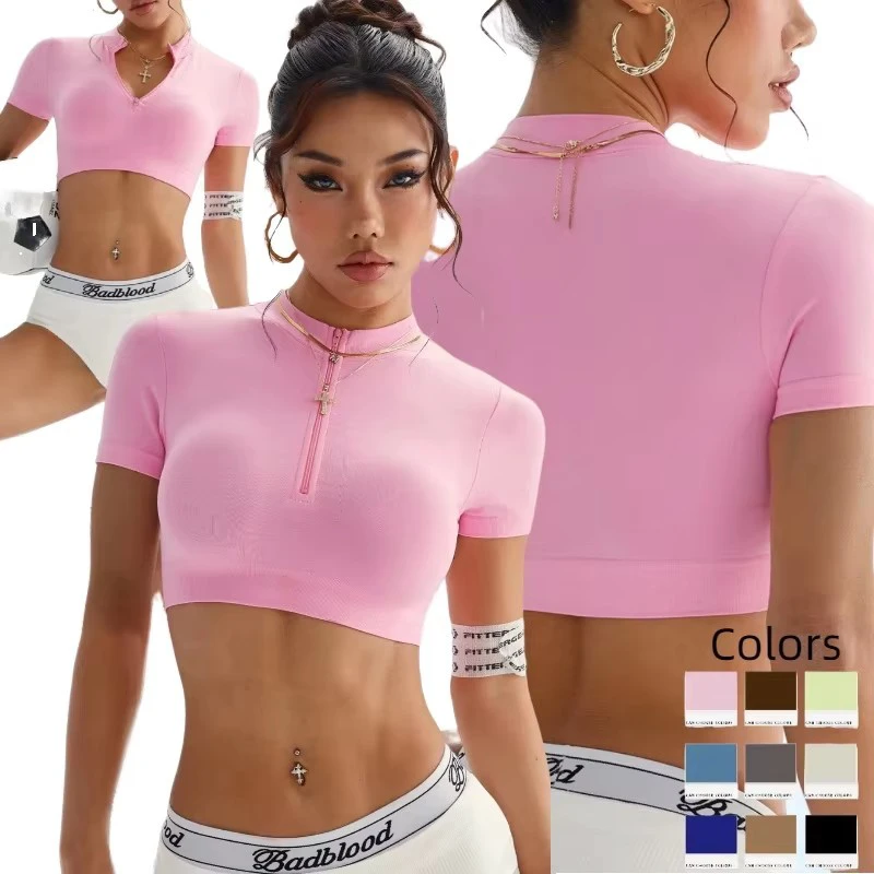 Women's Seamless Short Sleeve Solid Yoga Crop Top-Quarter-Zip Mock Neck Slim Fit High-Waisted Elastic Waist Activewear for Gym