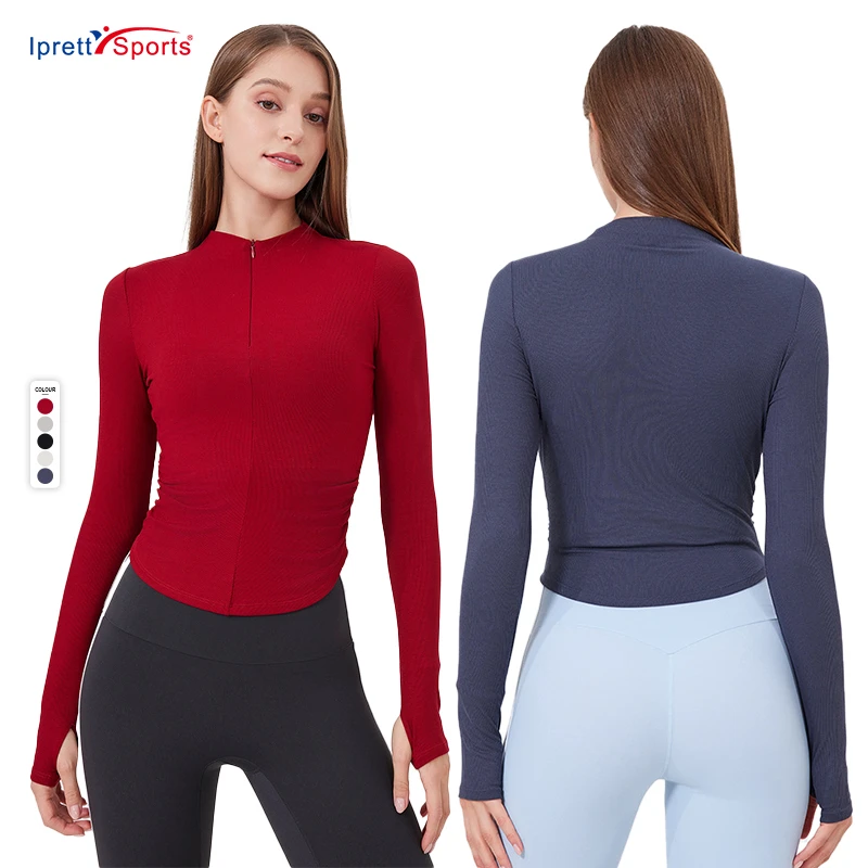 High Elastic Women Long-sleeved Blouse Slimming Fit Half-zipper Yoga Wear Thumb Holes Fitness Sports Tops Gym Pilates Training