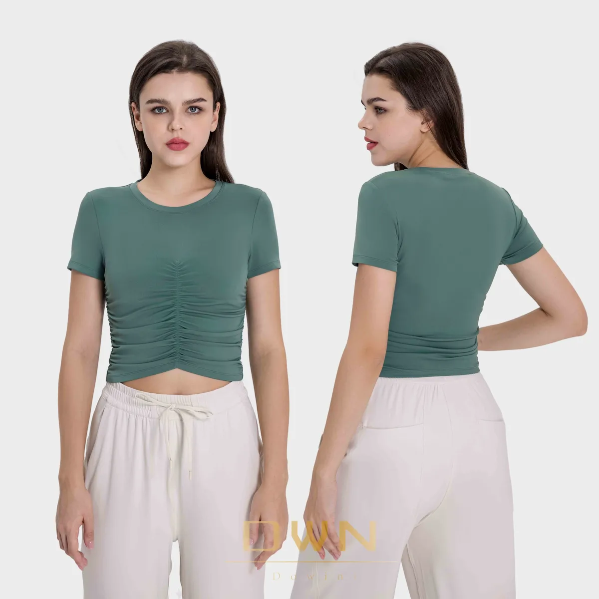 Creora New Pleated Slimming Yoga Top Light Soft Slim Breathable Round Neck Short-sleeved Sports Yoga Gym Top T Shirts for Women