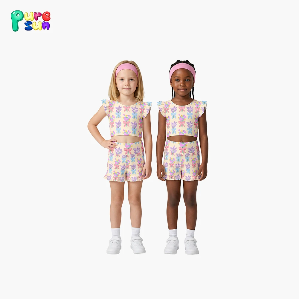 Puresun Low Moq Floral Print Active Wear Sports Children Clothing Sets Yoga Set Girls Clothing Sets