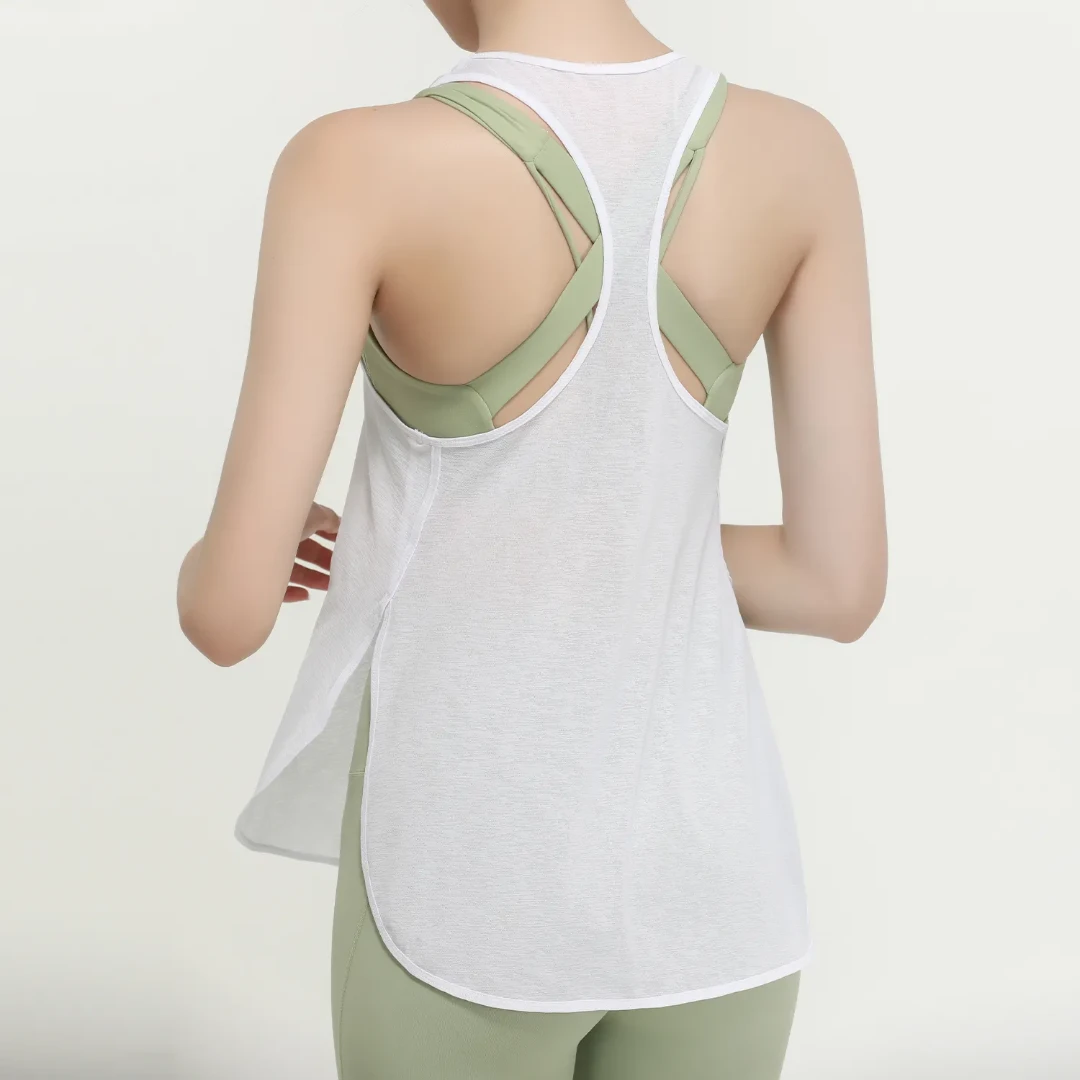 Custom Girls' Regular Sleeveless Crew Neck Curved Bottom Yoga Tank Top Vest Side Cut Long Length Spandex/Polyester Four-Way