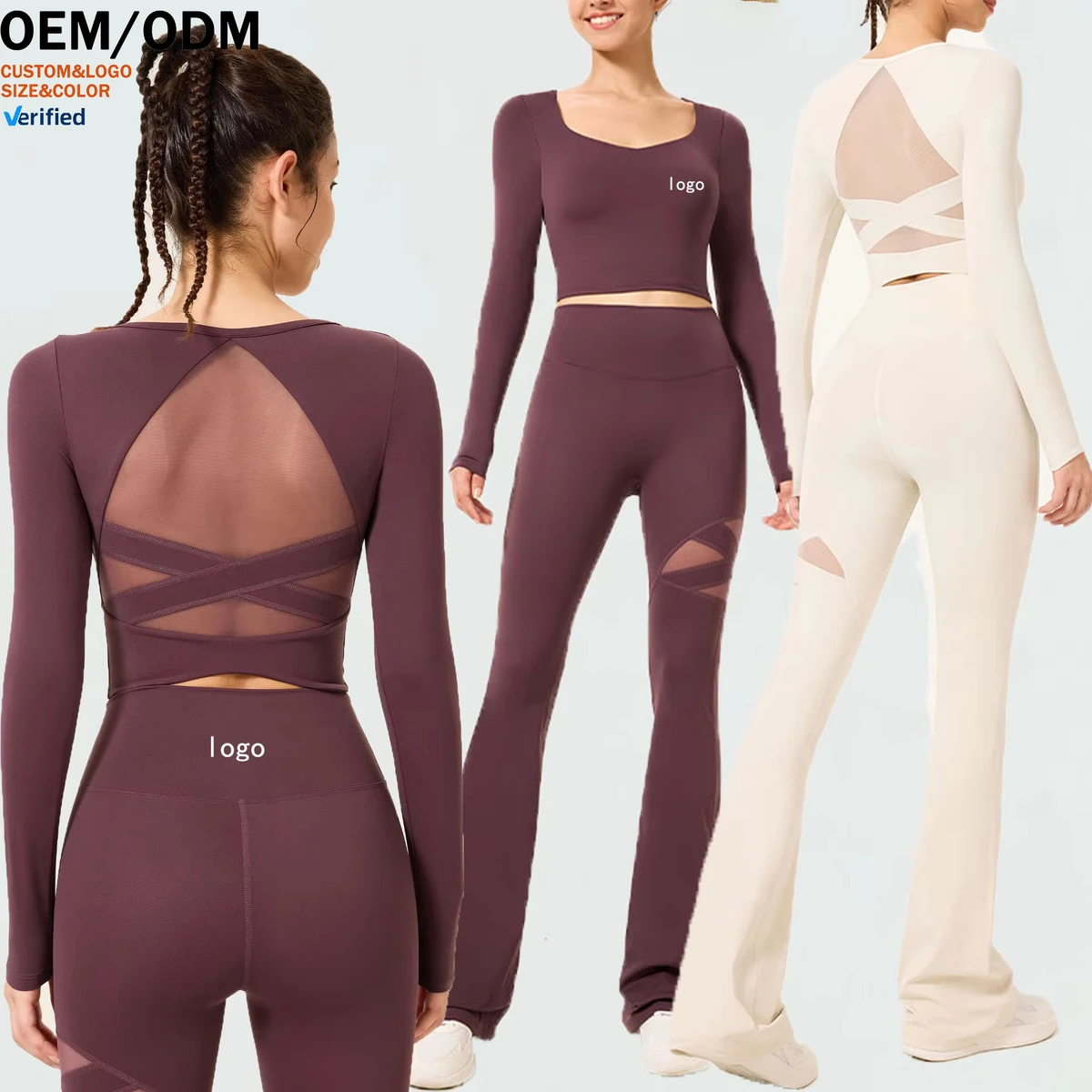 2-Piece Cut-Out Long-Sleeve Yoga Top & Flared Pants, Breathable Slim Fit with Chest Pads, Running Fitness Apparel Gym Clothes