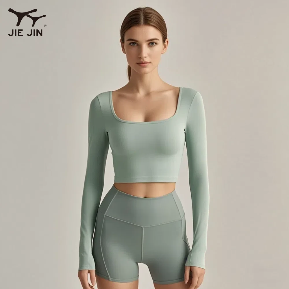 JIEJIN Wholesale Athletic Gym Lightweight Casual Pullover Tight Sexy Long Sleeve Crop Top Yoga Shirt