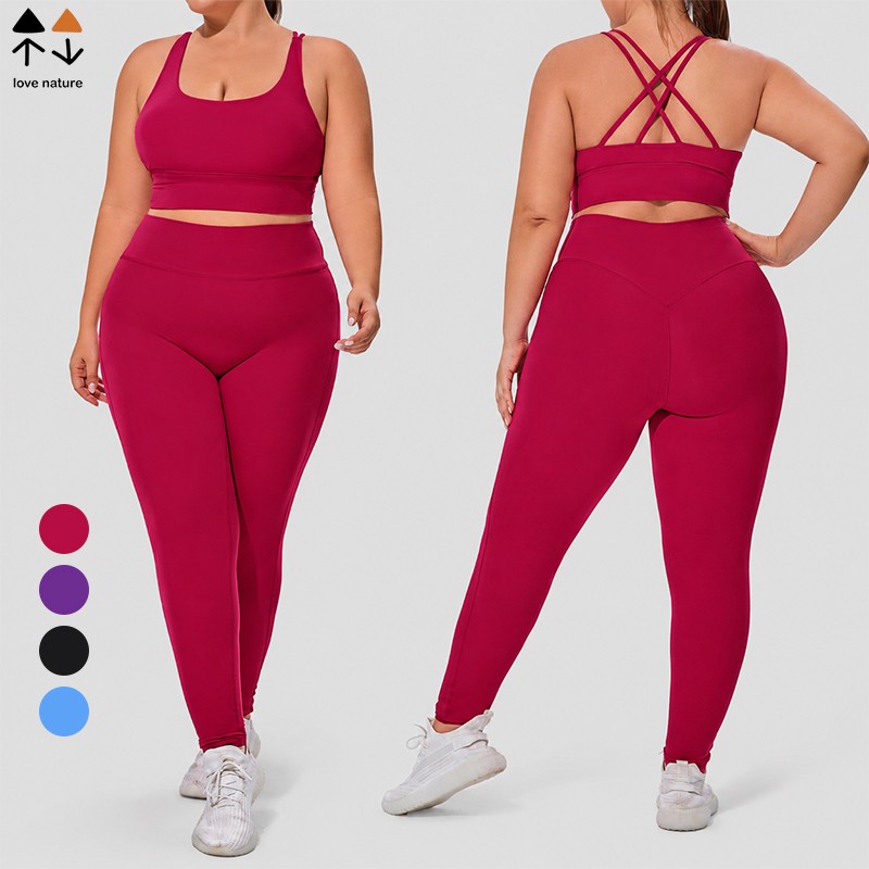 Plus Size Curvy Women 2 Piece Yoga Outfit High Stretch Naked Feel Breathable Crisscross Bra Leggings Fitness Set