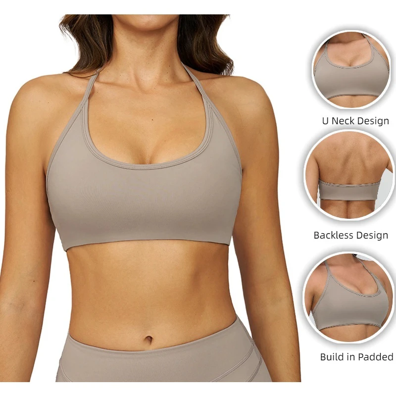 Women's Backless Sports Bra Halter Neck Open Back Yoga Running Bra for Fitness Hign Support Workout Top