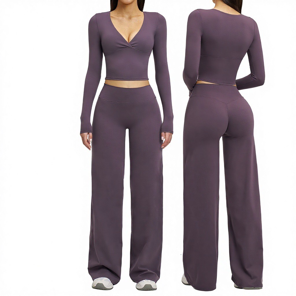 European And American Lightweight Elastic Waist High Yoga Suit Long Sleeve Wide Leg Sports Suit 4520