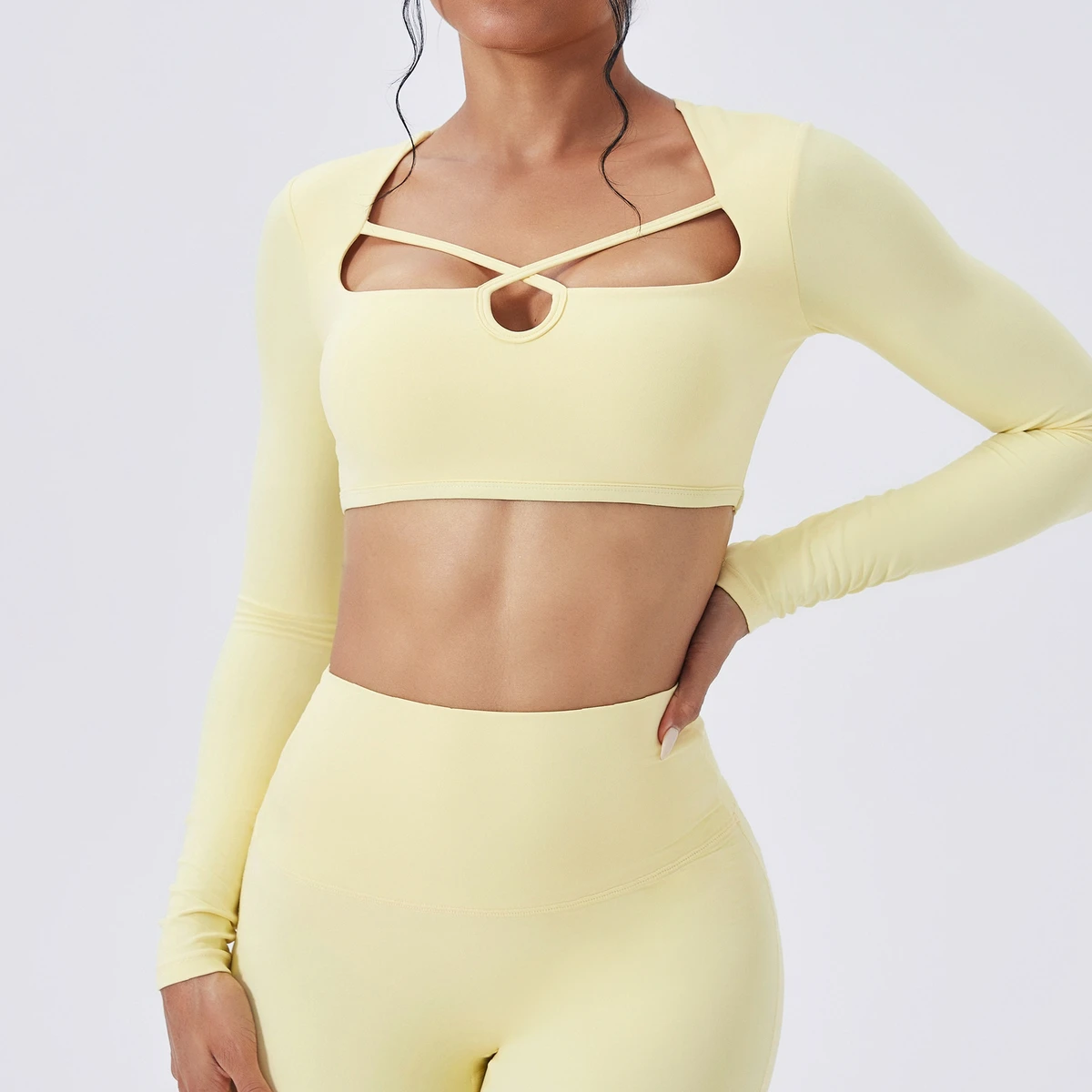 New Design Hot Sexy Long Sleeve Quick Dry Running Sports Wear Gym Fitness Square Neck Women Yoga Top