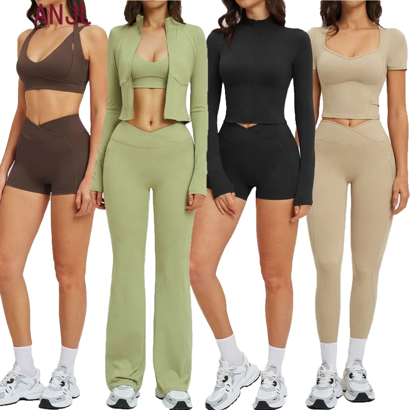 Custom Women 6 Piece Gym Set Solid Breathable Fitness Workout Outfit Sports Bra and High Waist Leggings Premium Activewear