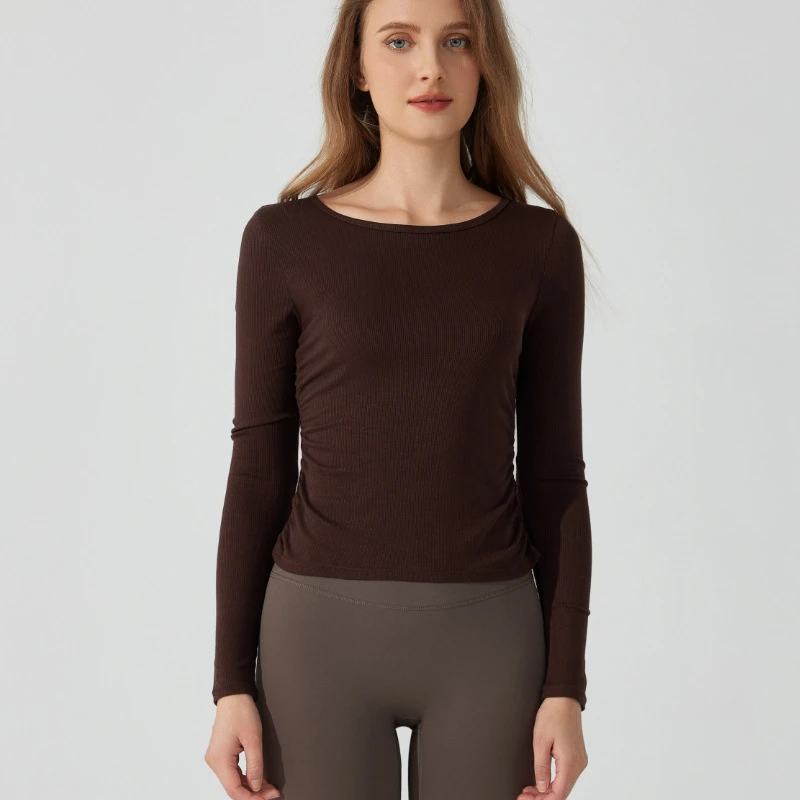 European American Women's Autumn Winter Yoga Sports Top Breathable Wrinkle-Resistant Barely There Ruched Skinny Fit Front