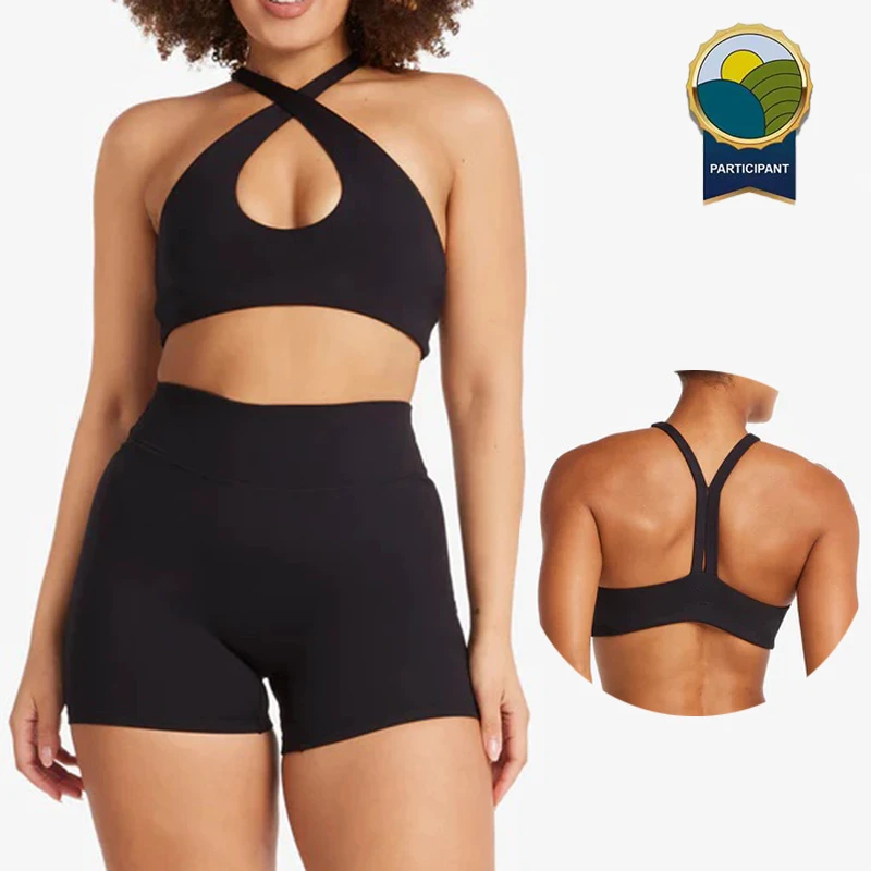 SHINBENE Custom Degradable Bio Based Cloud Cross Halter Workout Bra ECO Friendly Sustainable Yoga Top for Women