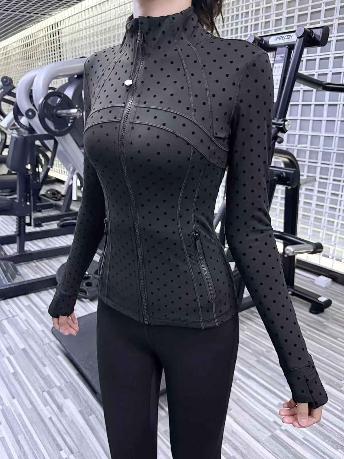 S33 Padded Collar Polka Dot Women's Sport Running Fitted Stretch Yoga Top with Long Sleeves