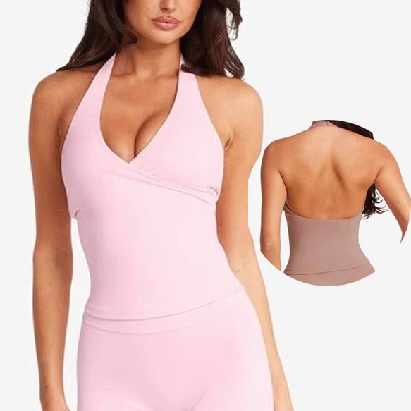 High Quality Women Halter Tank Top Fashion Solid Color Backless Sleeveless Vest V Neck Yoga Shirts