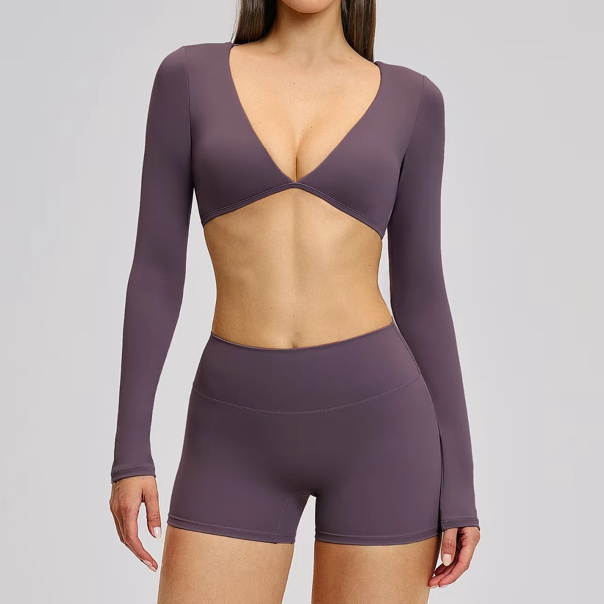 New Women's Yoga Fitness Long-sleeved V-neck Spandex and Nylon Quick Drying Breathable Yoga Set for Daily Sports Yoga Clothes
