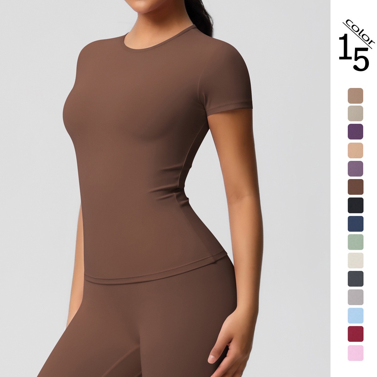 Women's Breathable Sports Top with Double-Sided Sanding Short-Sleeved Fitness Yoga Running T-Shirt Front Logo Solid Color